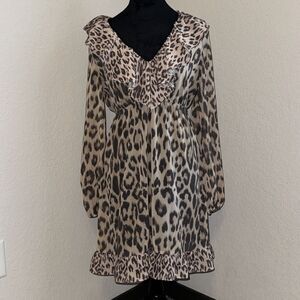Bar III Shift Dress Women Small Black Beige Leopard V-Neck Ruffle Front Pullover